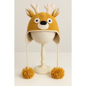 Handmade‎ Crochet Reindeer Hat with Antlers & Pom Poms Toddler Child Beanie Cap
